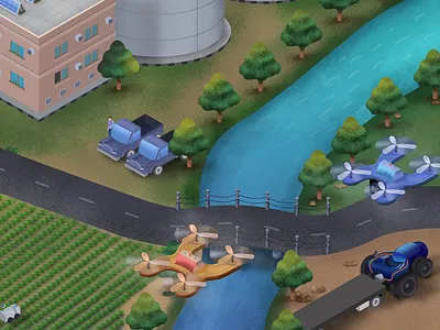 The future of farming building car farm farming flying future grace green tree vector water