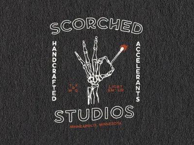 Scorched Studios badge brand design explore flame hand hand lettered illustration lettering logo match pen skeleton