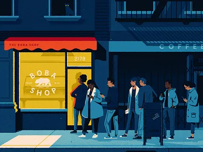 There's always a line boba building california character city coffee flat illustration landscape phone san francisco texture