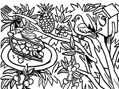 Cherry Tree Coloring Page - crop 1 art bird black and white cherry cherry pie digital drawing food fork fruit illustration isometric line linework pie tree