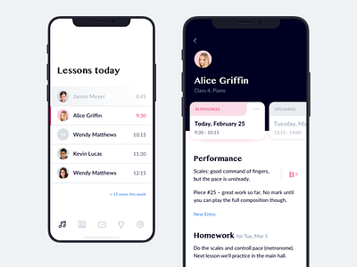 Private Lessons Journal appointment education journal lesson mobile app music notebook teacher ui ux