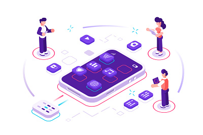 Application development app app development company application business people character design developers development flat illustration isometric office phone phone app smartphone team teamwork ui ux ui vector