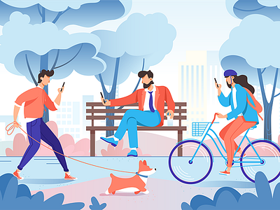 City park illustration bench bike character city design dog flat icon illustration kit8 park phone tree vector