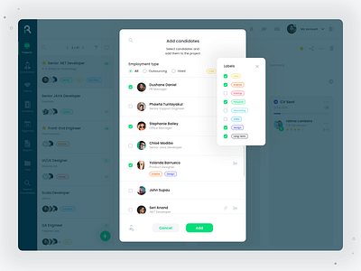 Adding candidates modal app applicant tracking software applicant tracking system application ats candidates labels modal project projects recruiting recruitment ui ux web