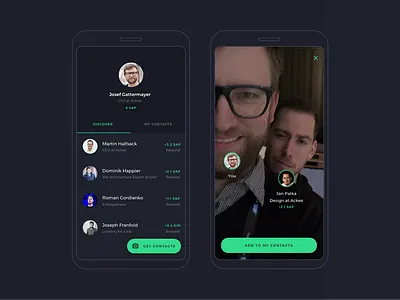 SAP Hackaton App app camera clean conference contacts dark blue design faces hackaton machine learning meetings mobile networking sap selfie spotify ui