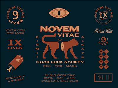 Novem Vitae 2d animal animals badge branding cat design eye flat icon icons illustration logo luck patch paw retro vector vintage