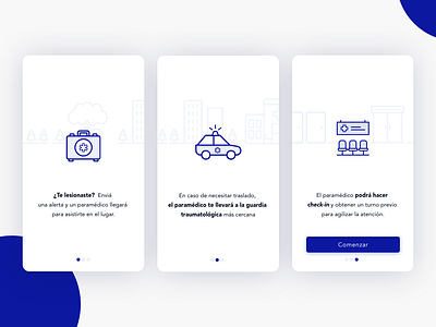 Onboarding - Trauma Urgency App android app blue comenzar design emergency hospital icon interface design ios medical medicinal onboarding trauma typogaphy ui urgency ux ui ux ui design