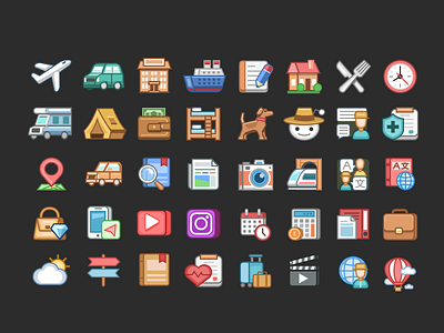 Travel icons app business car hotel icon icon set illustration money plane planer ship travel video website