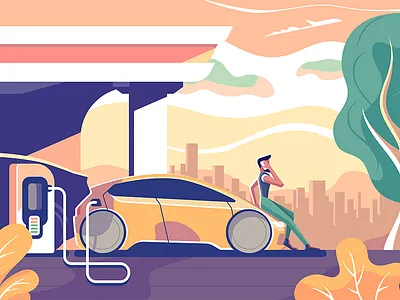 Electric car charge station car character charge design electric flat gas hatchback icon illustration kit8 man station ui vector