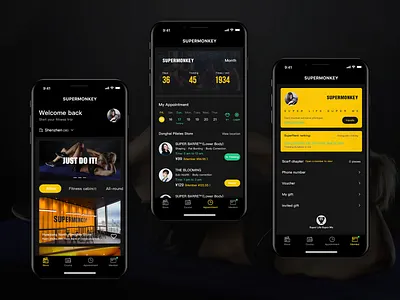 Redesign of SUPERMONKEY appointment black dark fitness gym health ios sport sports store ui ux workout yello