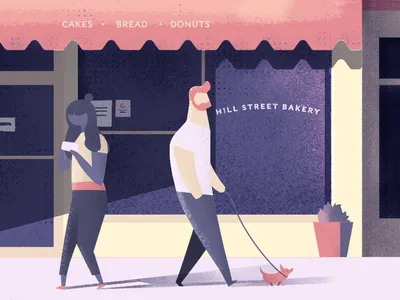 Tiny dog bakery bear cafe character design dog flat design girl illustration photoshop street sunset vector