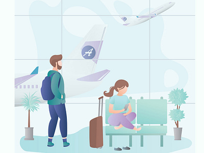 Travelers at the airport airplane airport background banner banner design character departure female hipster illustration suitcase template vector