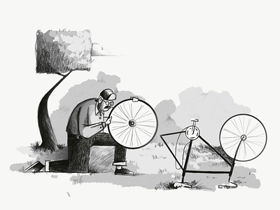 Pasadena Style bike fixing a flat illustration person trees