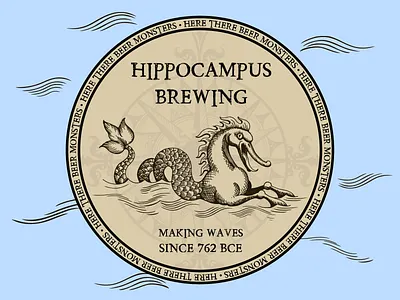 Hippocampus Brewing (Coaster Design for Sticker Mule) beer beer branding branding coaster coaster design compass design fun greek greek mythology hippocampus iliad logo old map sea monster sticker mule vector