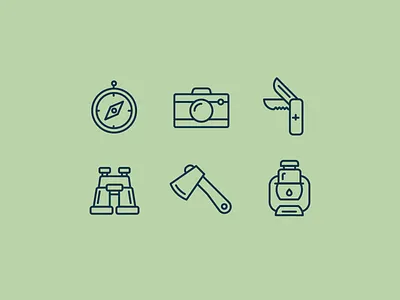 Camping Icons axe binoculars branding camera camping compass design hatchet icon illustration knife lantern lines pocket knife road trip simple vector