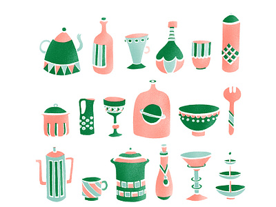 Household Items blue bottles decorative design drawing green household illustration items kitchen midcentury modern modern pink tricolor tricolour