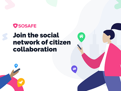 Sosafe rrss branded content app branding concept chile city community design emergency flat friends illustration logo neighborhood neighbors people pin pink security social sosafe ui