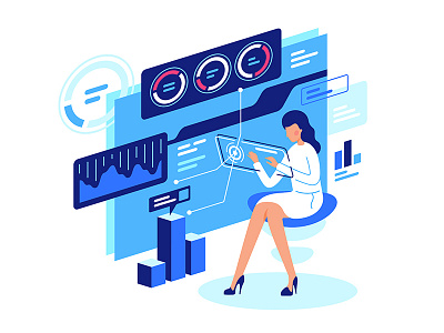 Work with data illustration analysis character data design flat future futuristic girl graph icon illustration kit8 site ui vector web woman