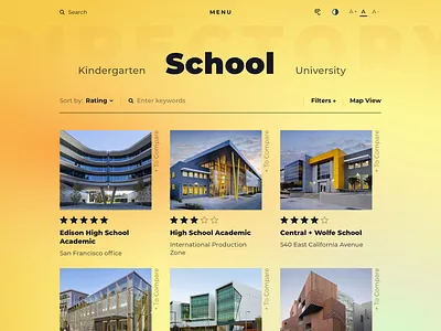 Search Educational Institutions art card colorful concept design education gradien list minimal rate school search ui web yellow
