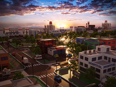 Low Poly City Sunset 3d 3dsmax building cartoon city illustration isometric low poly lowpoly lowpolyart lowpolygon poly art polyart polygon polygon art polygonal road