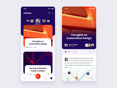 Articles & Detail app article detail articles exploration ios layout location orange purple shapes typography ui