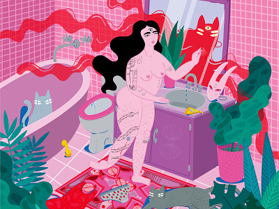 She Herself And Him aesthetics bathroom carpet cat catlady fashion fashion illustration fast food feet feminist feminist art funny illustration hairy legs illustration junk food persian carper pink art pink illustration pizza potato chips