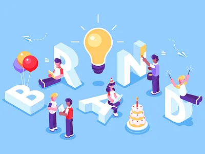 Brand team work big birthday brand branding build bulb business people cake character chatting design idea illustration isometric letter office startup team teamwork vector