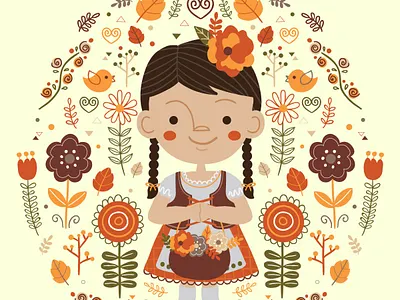 Folk Girl autumn bavarian cartoon character character design cute design fall floral flower folk girl graphic illustration juvenile kawaii kids licensing pattern vector