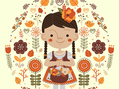 Folk Girl autumn bavarian cartoon character character design cute design fall floral flower folk girl graphic illustration juvenile kawaii kids licensing pattern vector