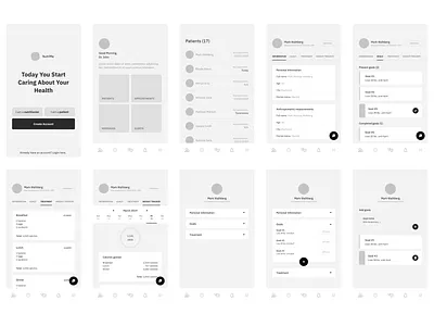 Health App Wireframes app app mockup app screen wireframes app screens calories counter eat healthy exercise figma app design health medical treatment mockup nutrition nutrition gols nutrition treatment weight goals wireframes