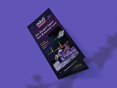 Odoo Experience 2025 - Leaflet Design belgium branding dark design event flyer leaflet mockup odoo print purple space