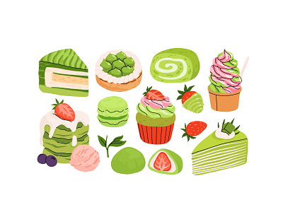 Matcha desserts set cake cartoon concept cupcake design dessert flat green icecream illustration matcha mochi sweets tea vector