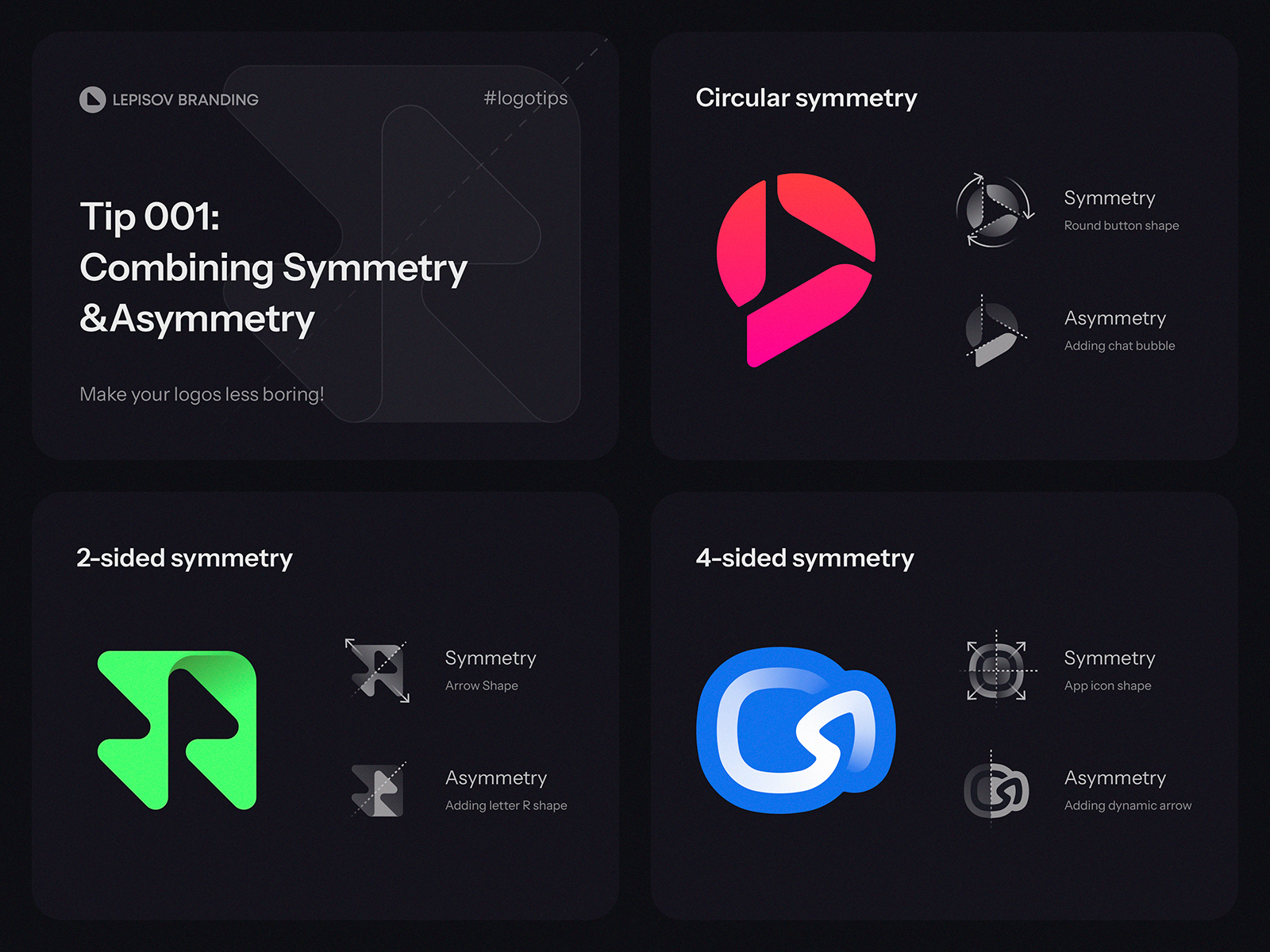 Logo tip 001. Symmetry and asymmetry blockchain branding defi gradient grid icon identity infographics learn lepisov lettering logo saas symmetry teach tech tip type typography web3