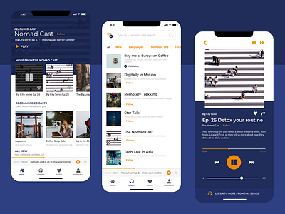 "Nomadic" Podcast app app blue and white podcast ui