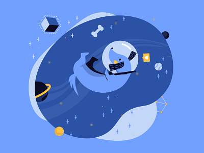 Space Doggo blob blue boxes dog doggo illustration mobile moving planet puppy space stars storage