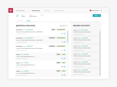 Deal History exploration history insurance app recent activity ux ui web