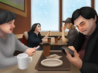 Kids and their Phones adobe adobe photoshop art artwork coffee communication couples dating digital painting generations illustration photoshop