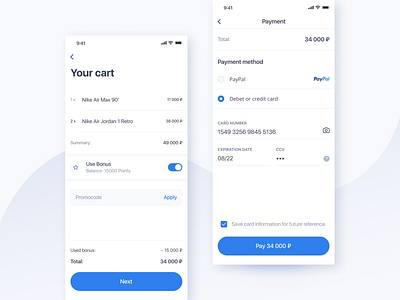 Cart and payment app blue bonus card cart clean figma ios list payment shop steps store total ui