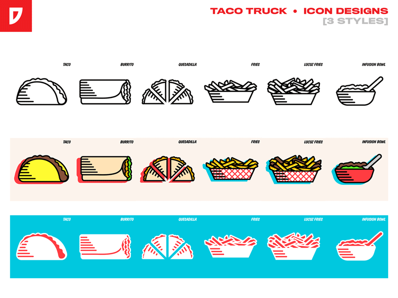 Taco Truck - Icon Designs burrito delt design food food icon food icons food truck fries icon icon artwork icon design icon designs icon set icon sets line art mexican mexican food taco taco truck web icons