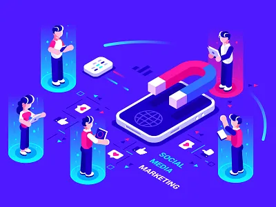 Social media marketing application business people character design flat graph illustration internet isometric like magnet marketing office phone smartphone social media team teamwork ui vector