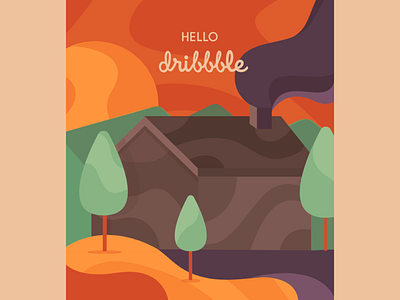 Hello Dribbble! house illustration landscape mountain sunset