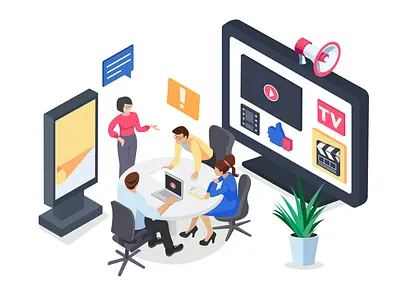 Tv ads horn illustration isometry office people plan screen table team tv web
