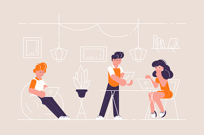 Coworking business people character chatting coworker design desk flat freelance illustration interior job laptop office partnership people team teamwork vector work desk workplace