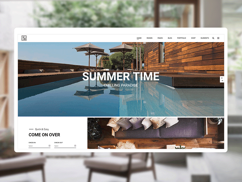 Hotel Homepage - Iver Hotel Theme animation architecture booking creative design dribbblers hello dribbble hotel interface interior minimal modern portfolio showcase slider transition travel ui ux web