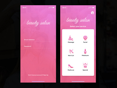 Salon Application beauty salon homescreen login salon service listing