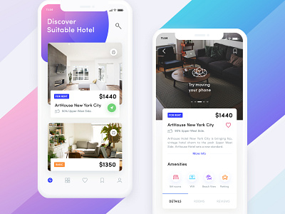 Hotel Booking App Exploration accommodations ar hotel app ar hotel view ar real estate app booking details page booking hotel app data visualization destination hotel booking app hotel booking home screen iphone x booking app popular booking app popular hotel product design hotel app property app real estate app rent hotel travel app travel flight app