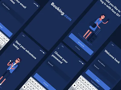 Booking.Com app login app brand branding character clean design flat illustration illustrator ios logo minimal mobile ui ux vector