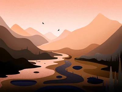 valley art bird colour design evening fireart studio hill illustration illustrations landscape light nature project river sky sunset tree valley vector winter