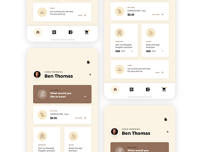Coffee App app buying cafe cart clean coffee delivery design digital ecommerce gamification minimal modern online payment restaurant app rewards points ui ux wallet