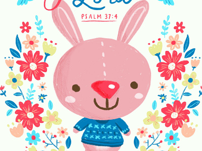 Happy bunny bible blue bunny character design christmas cute drawing floral flower holiday illustration kawaii kids procreate rabbit red sweater yellow